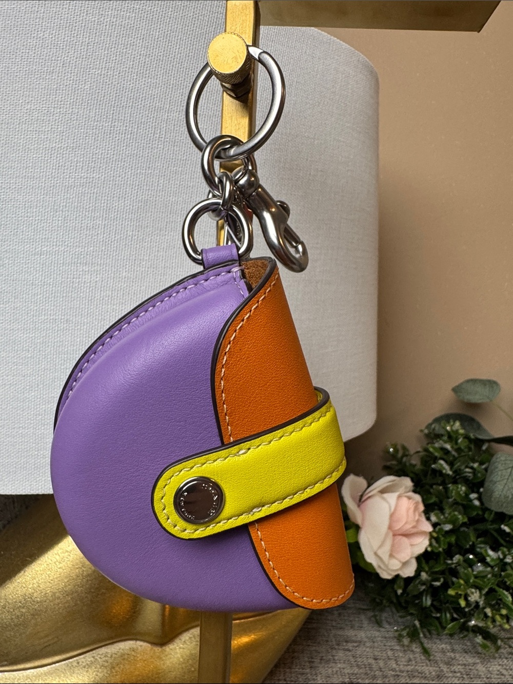 Coach Purple Orange Yellow Leather Key & Card Holder Keychain